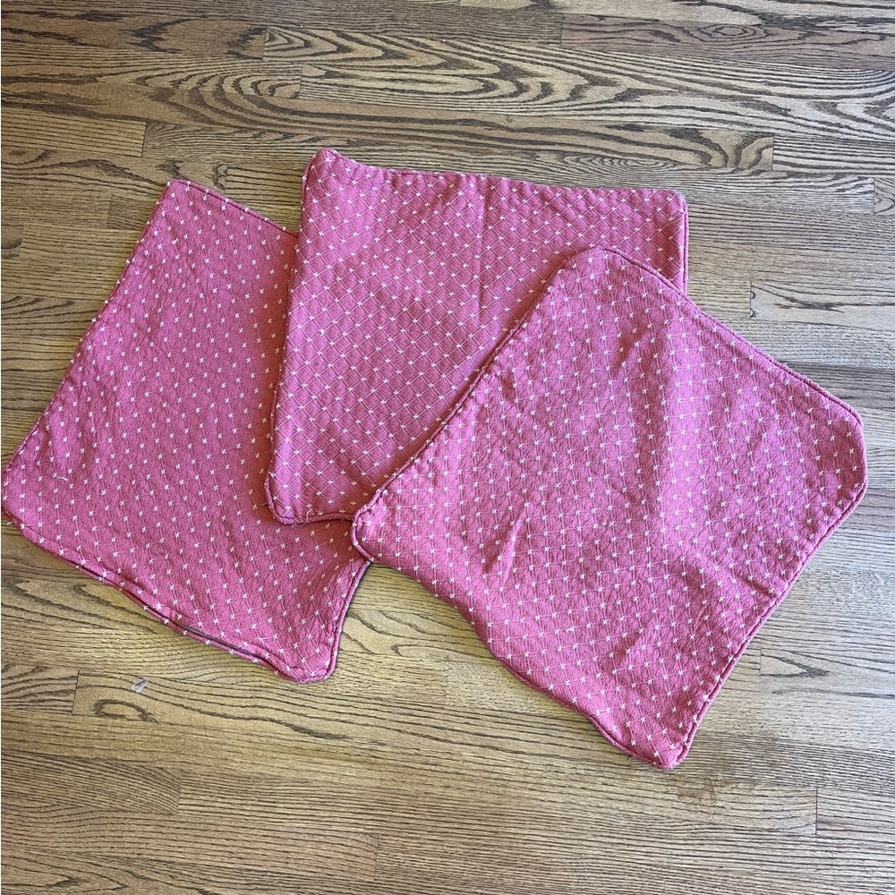 Custom set of 3, 20.5” square red and tiny gold hatch pillow shams.